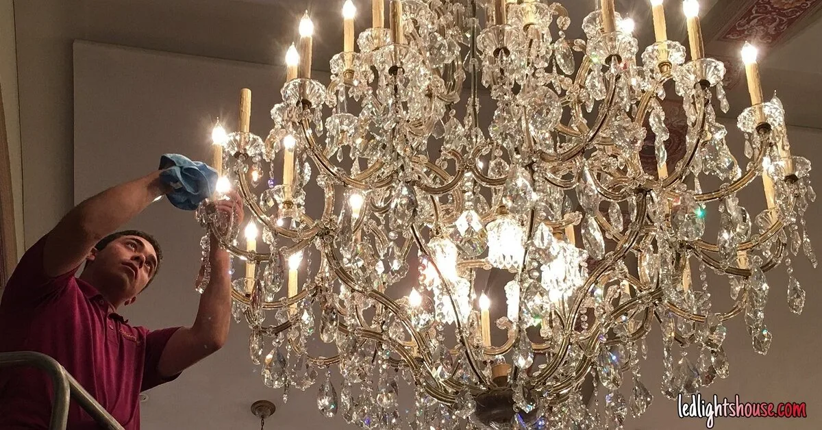Crystal chandelier being cleaned for chandelier cleaning service in Atlanta