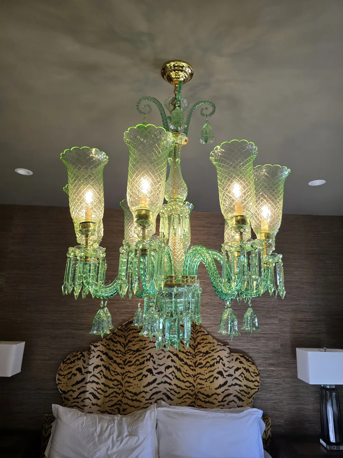 Green crystal chandelier installed in an Atlanta home