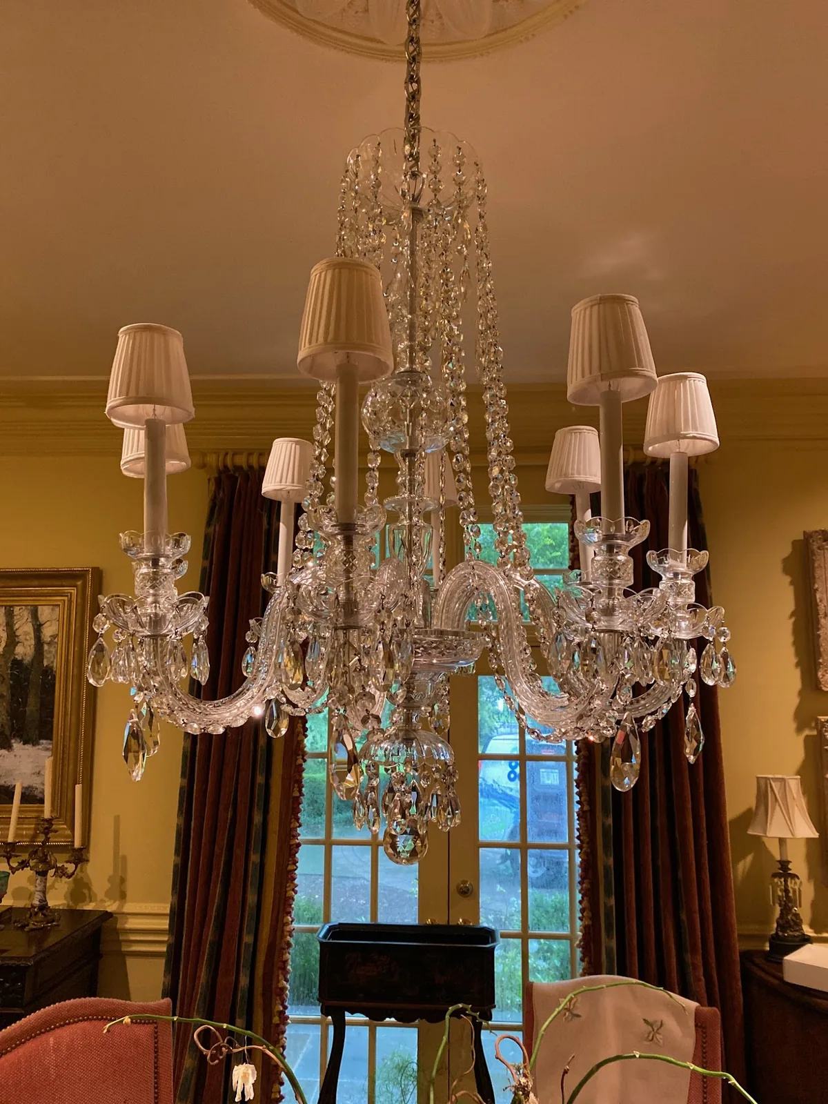 Traditional crystal chandelier assembled and installed in an Atlanta home
