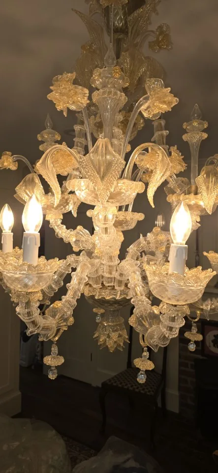 Detailed view of a Murano glass chandelier installed in an Atlanta home