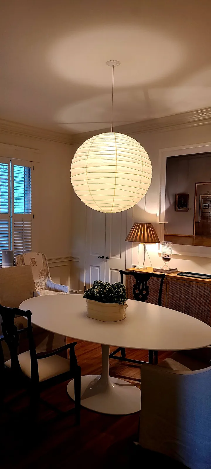 Paper sphere pendant chandelier installed in an Atlanta home