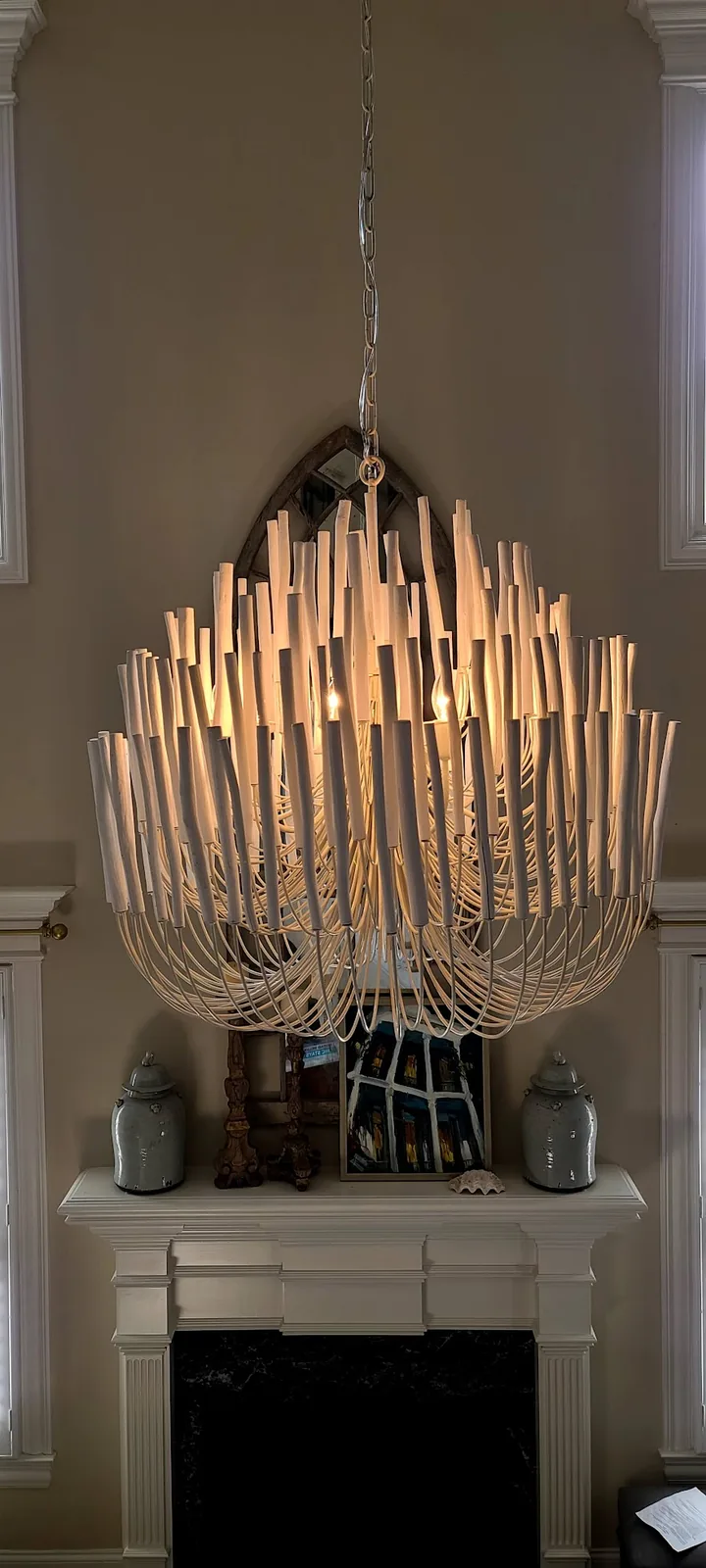 Wood chandelier installed in an Atlanta home