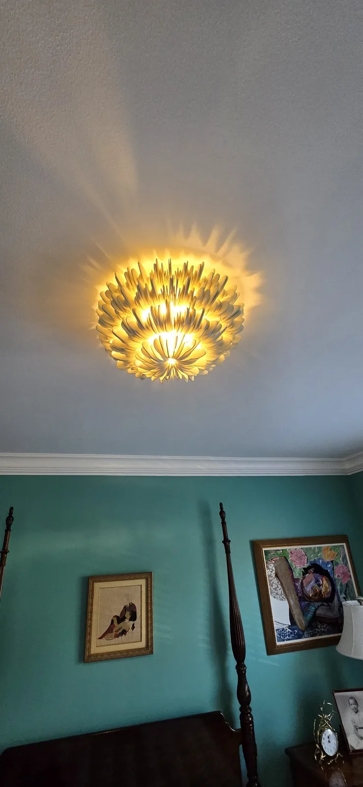 White wooden flush mount fixture installed in an Atlanta home