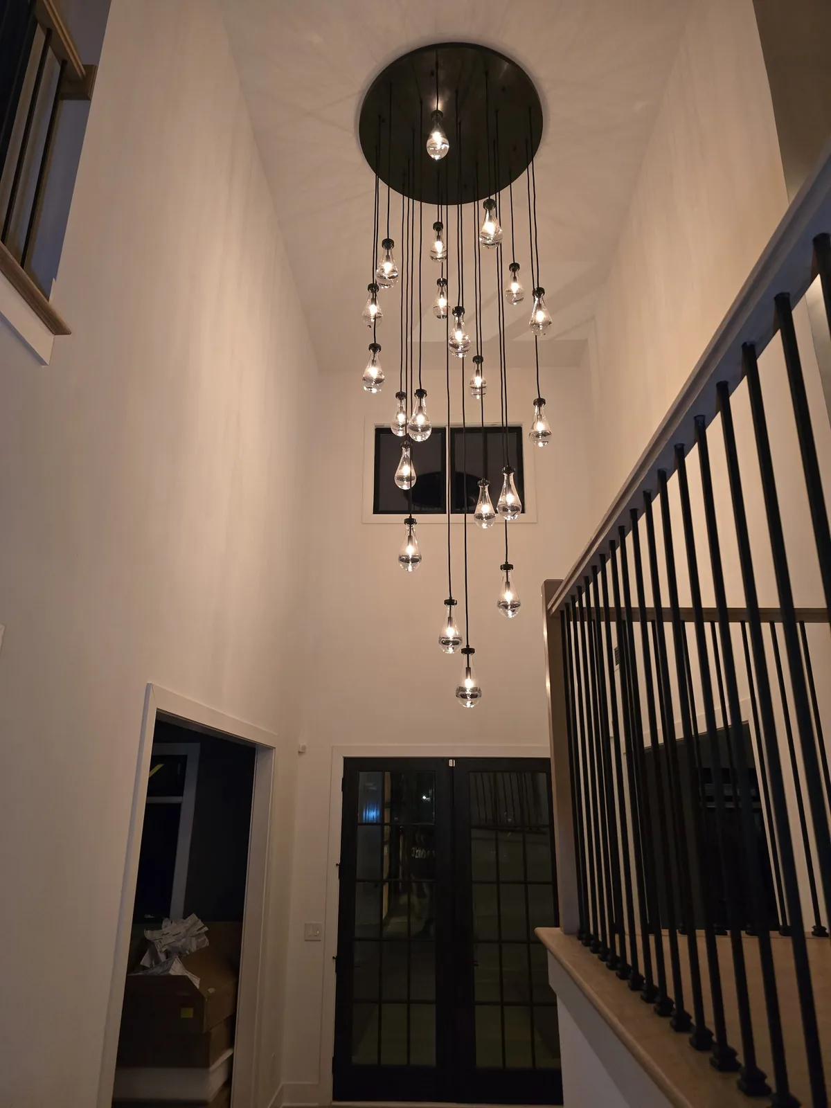 Restoration Hardware cluster flush mount suspension chandelier installed in an Atlanta home