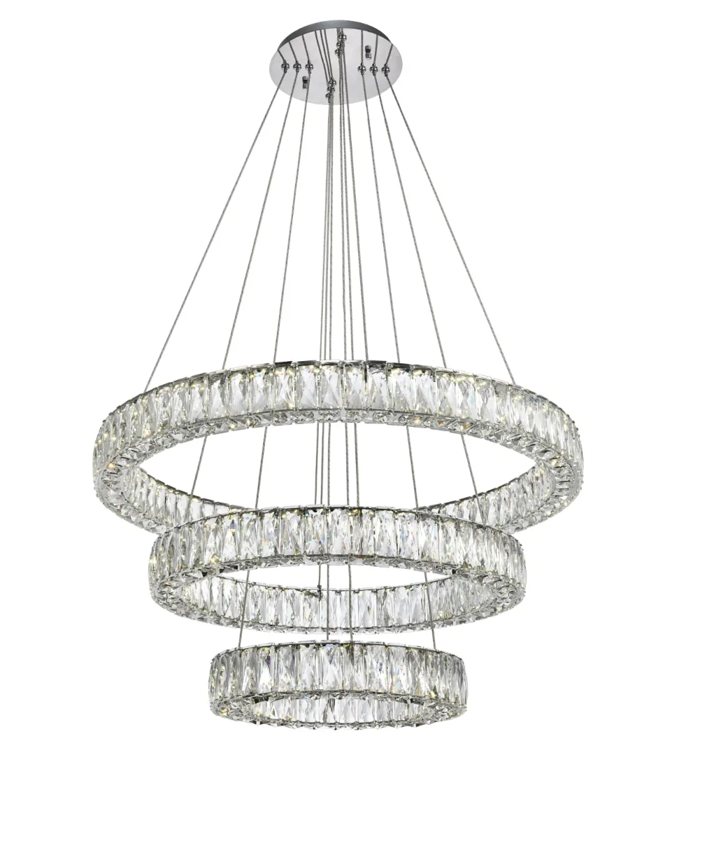 Three-tier suspension chandelier installed in an Atlanta interior