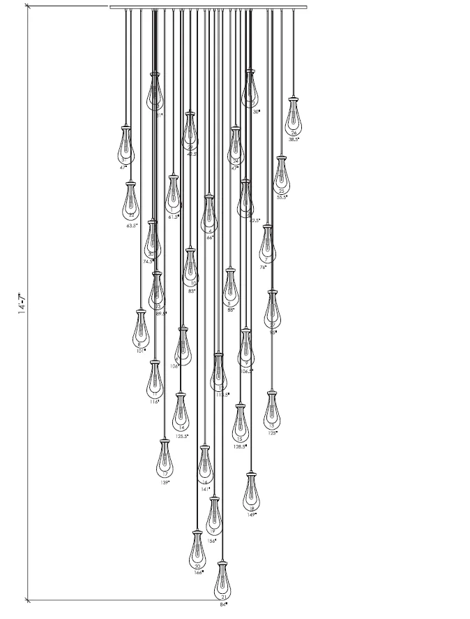 Suspension chandelier layout planned for a 20-foot ceiling in Atlanta