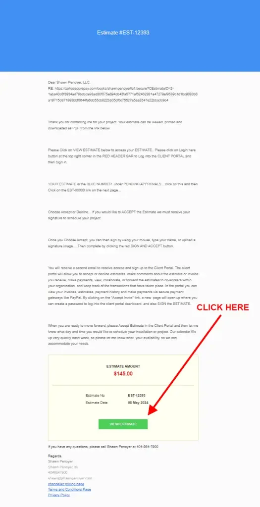 Email showing the View Estimate button for a chandelier installation quote
