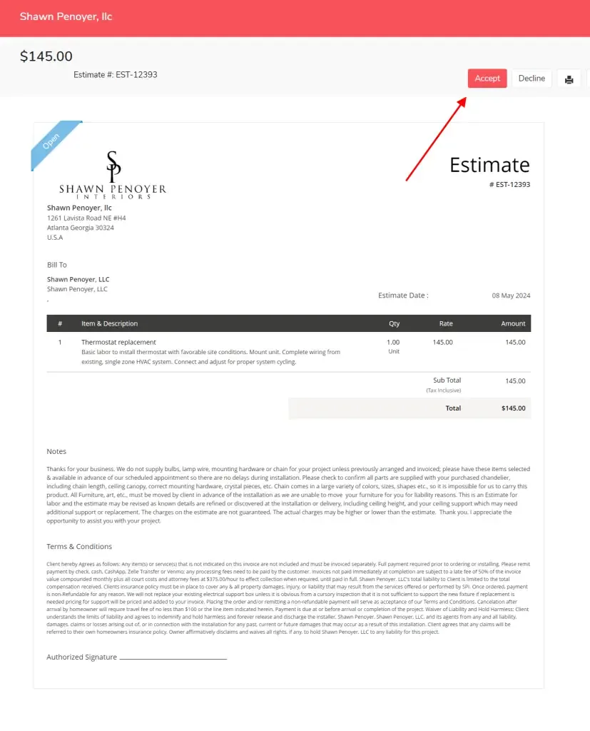 Online estimate page showing the red Accept button