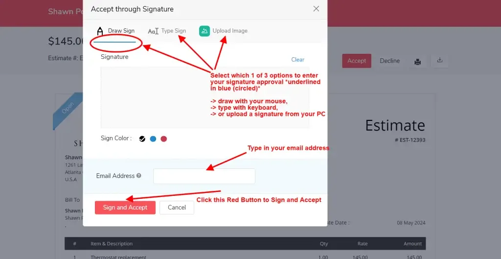 Signature window showing draw sign, type sign, upload image, email address, and Sign and Accept button