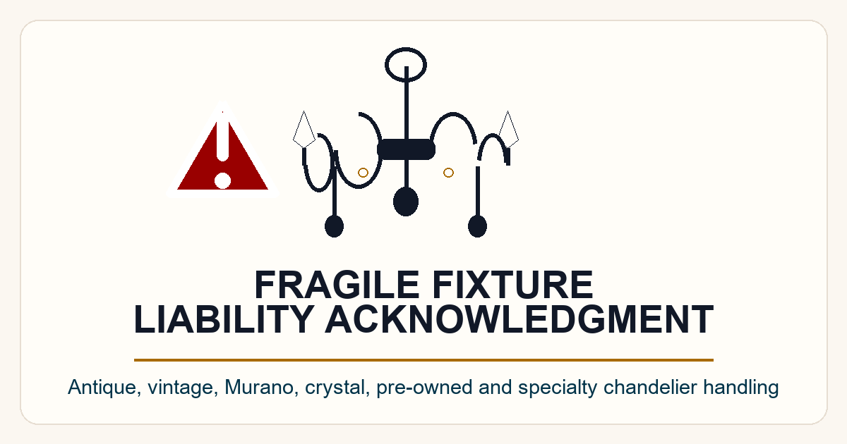 Fragile fixture liability acknowledgment graphic with antique chandelier and caution symbol